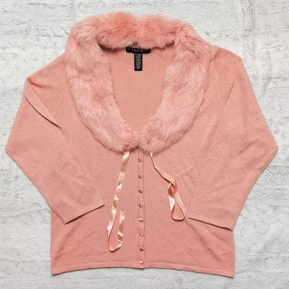 Laundry Shelli Segal Silk Rabbit Fur Sweater Women's Large Pink Fur Collar Soft - Picture 10 of 10